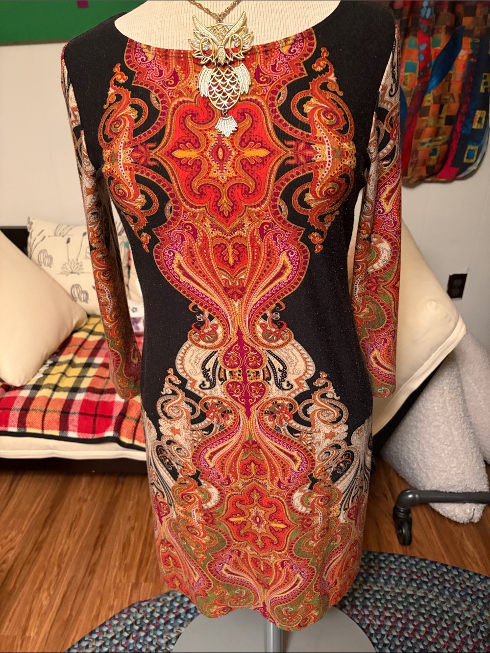 dressbarn Black Long-Sleeve Paisley Sheath Dress with Red and Orange Accents